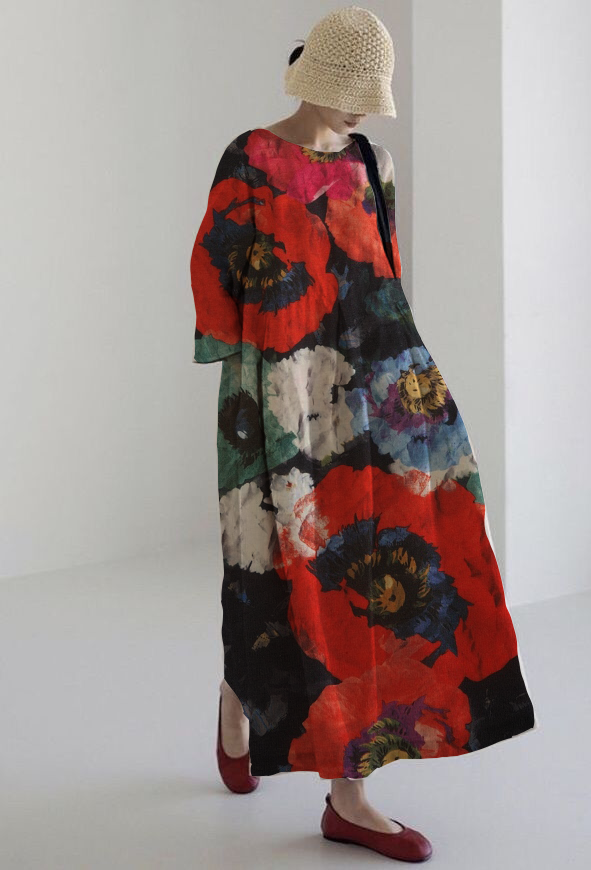 ROSALIA | Midi Jurk Artistiek met Maximale Comfort en Intense Bloemenprint voor een Indrukwekkende Look