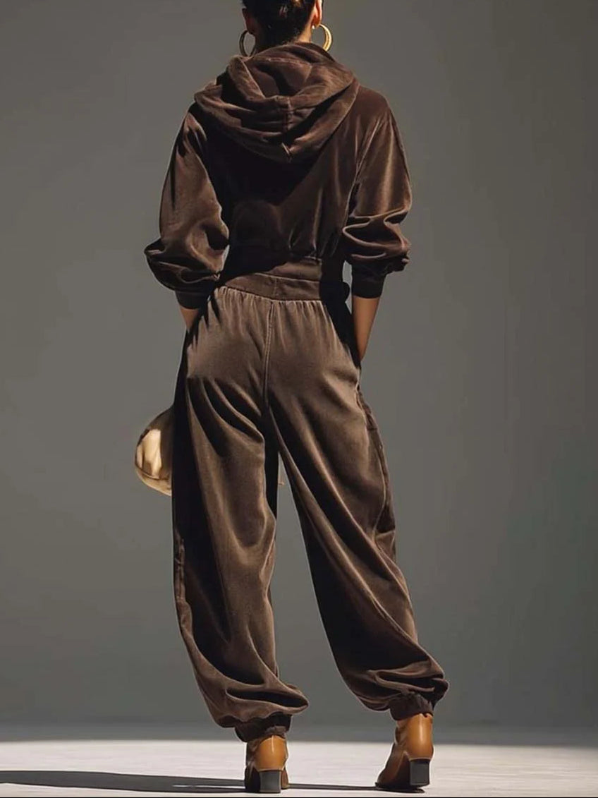 Vintage Bruine Fluwelen Hoodie En Losse Broek Set (Inclusief Riem)