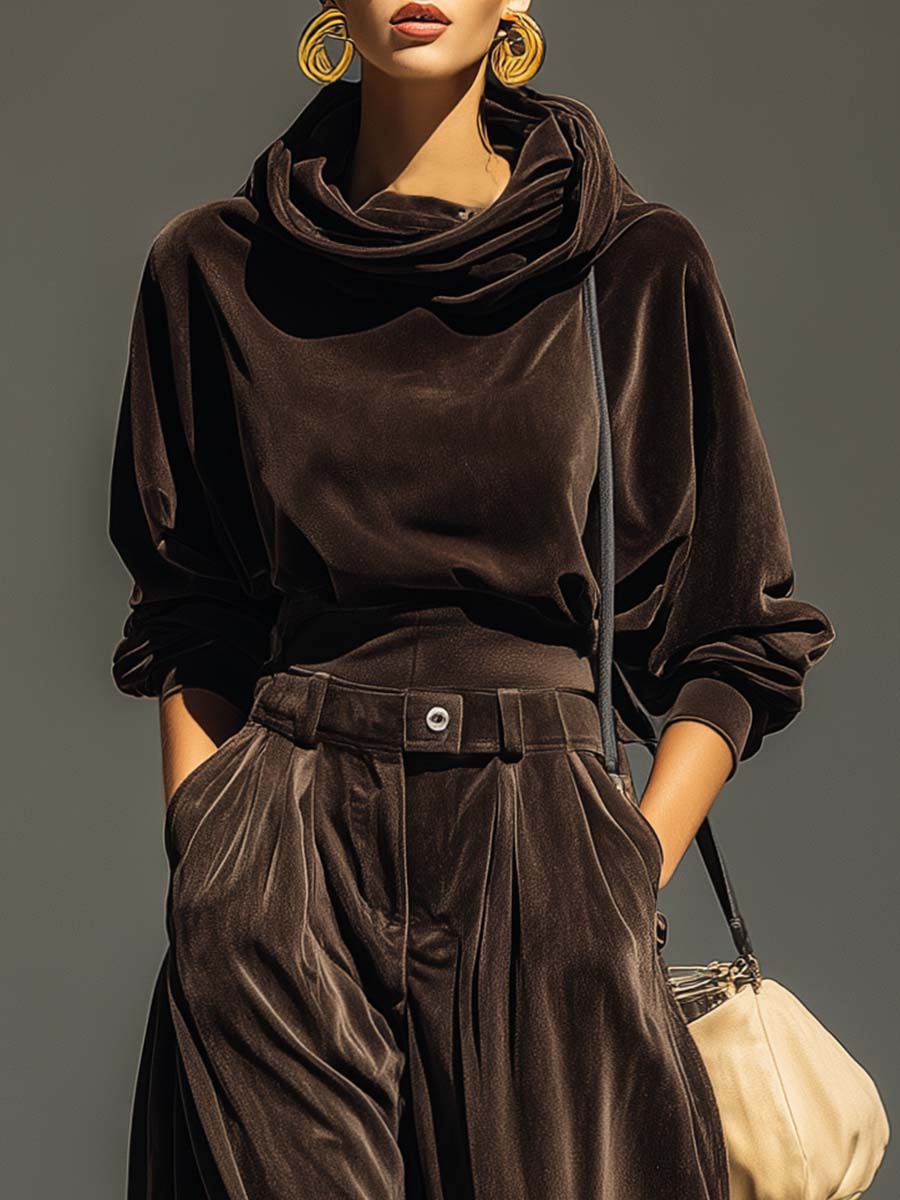 Vintage Bruine Fluwelen Hoodie En Losse Broek Set (Inclusief Riem)