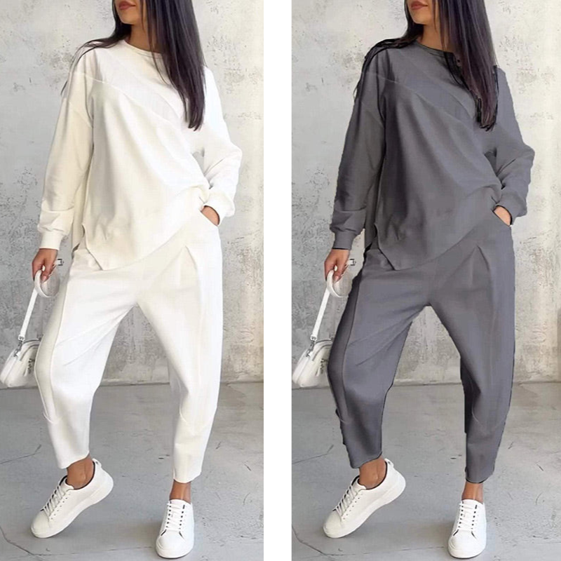 Serenia™ | Damesblouse met lange mouwen en asymmetrische zoom + bijpassende broekset 👗✨