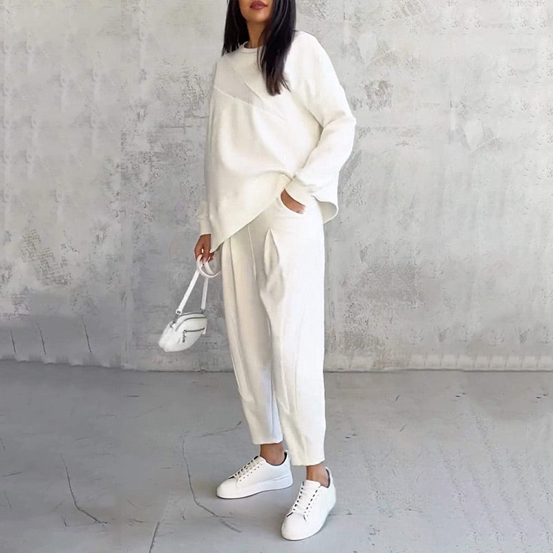 Serenia™ | Damesblouse met lange mouwen en asymmetrische zoom + bijpassende broekset 👗✨