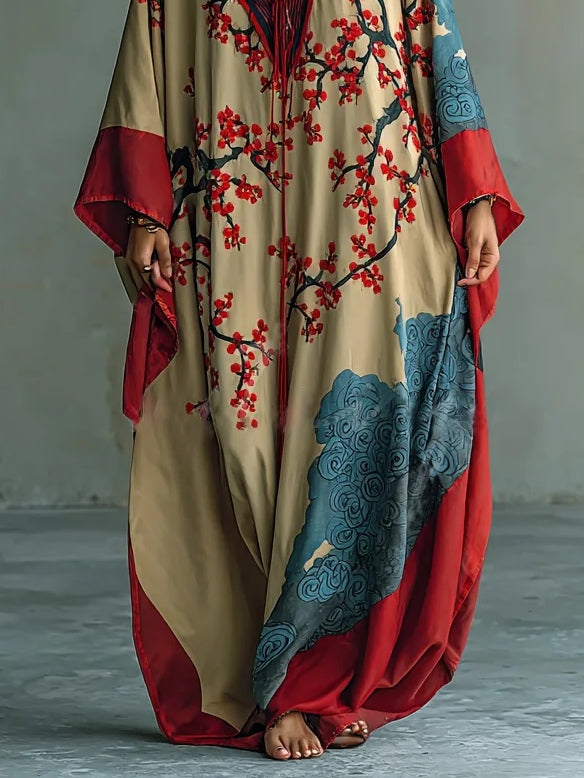 Japanse Rode Prunusblossom Maxi-Jurk Met Vleermuismouwen En Print
