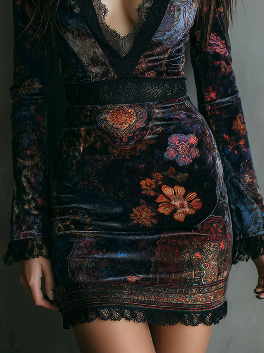 Floral Print V-Hals Fluwelen Mini Jurk Met Kantafwerking