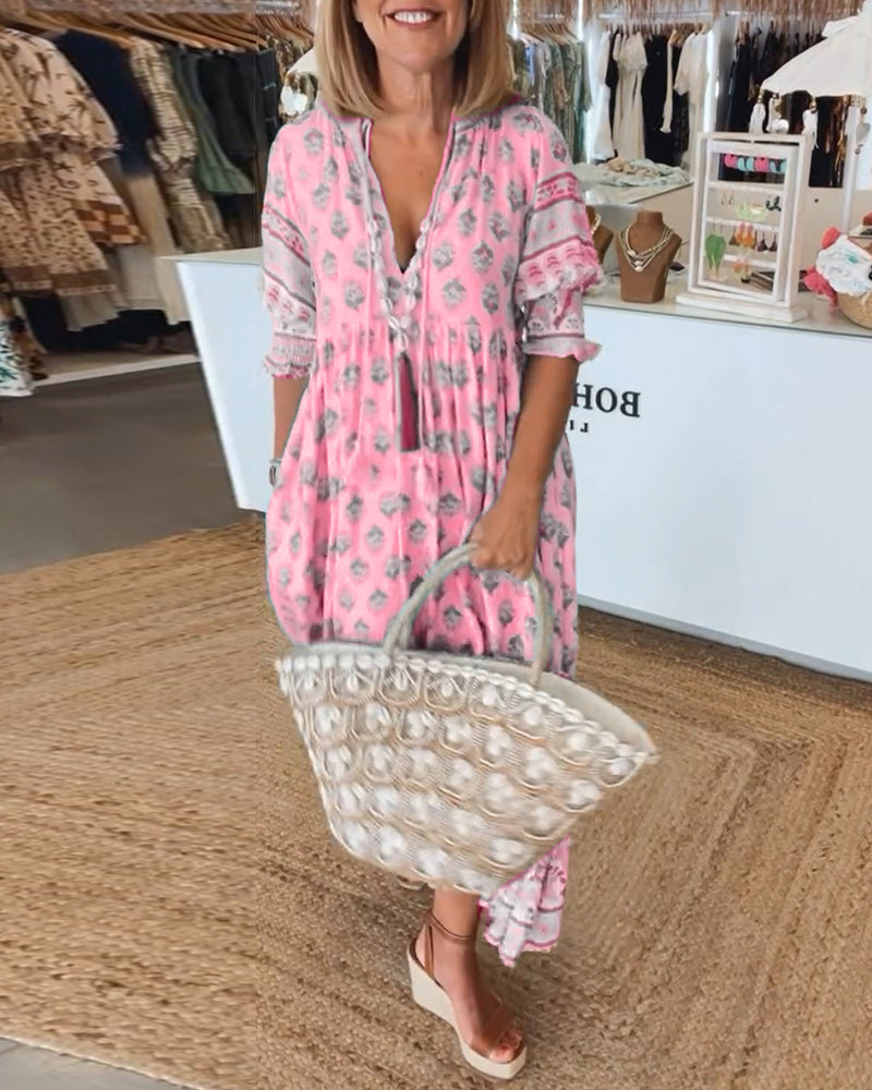 GIULIA | Midi Jurk met V-hals en Elegante Ballonmouwen