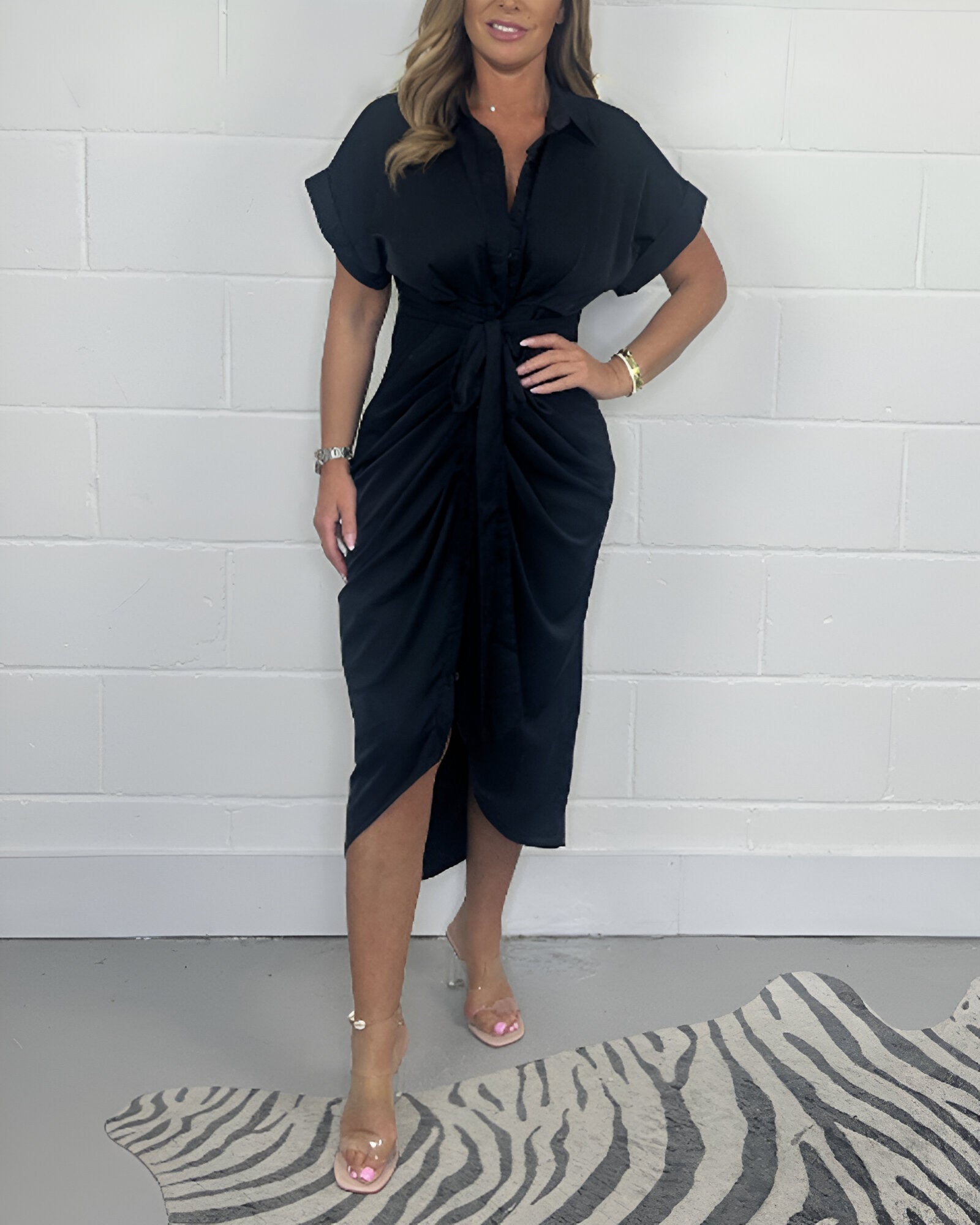 CARLA | Chemisier Jurk met Strik en Aangerimpelde Zoom voor Dagelijkse Elegantie