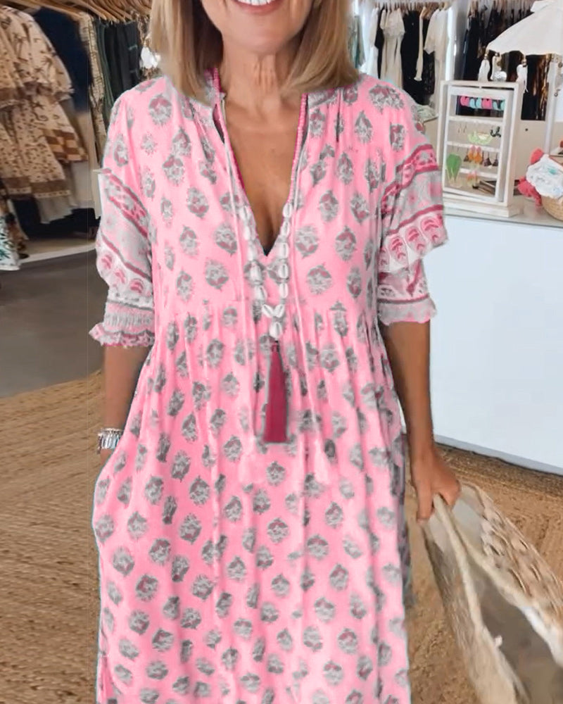 GIULIA | Midi Jurk met V-hals en Elegante Ballonmouwen