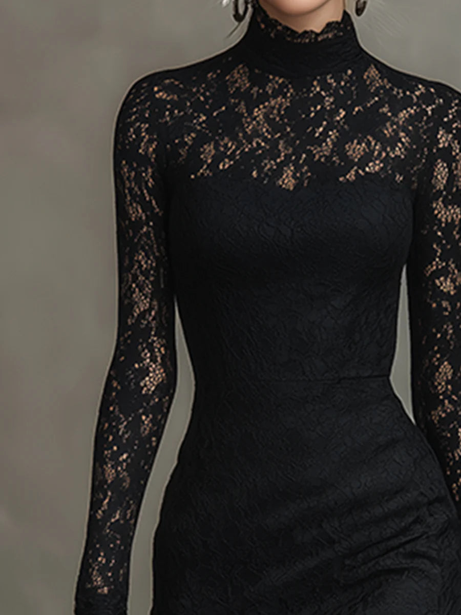 Elegante Zwarte Stretchy Kant Fishtail Maxi Jurk