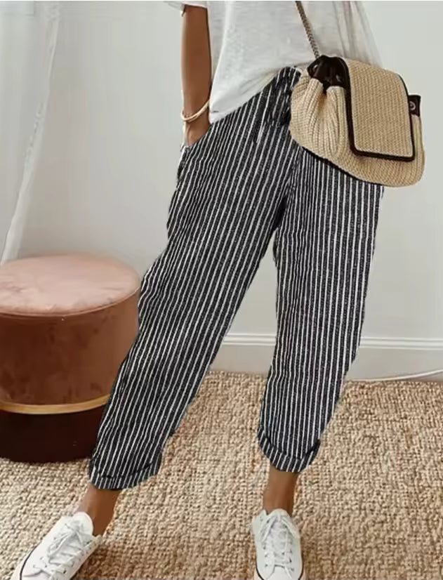 Sofie – Ademende Linnen Pantalon, Casual en Stijlvol (Zwart gestreept)