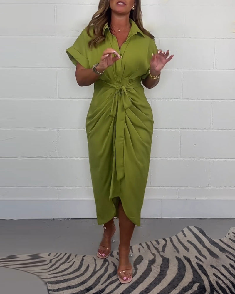 CARLA | Chemisier Jurk met Strik en Aangerimpelde Zoom voor Dagelijkse Elegantie